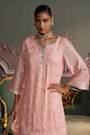 Buy_Mustard Moon by Neyha and Vrinda_Pink Georgette, Net Sequins, Embroidery Split V-neck Saanvi Rose Kurta Set _Online_at_Aza_Fashions