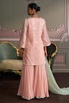 Shop_Mustard Moon by Neyha and Vrinda_Pink Georgette, Net Sequins, Embroidery Split V-neck Saanvi Rose Kurta Set _at_Aza_Fashions