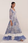 Shop_Mustard Moon by Neyha and Vrinda_Blue Georgette Lace, Embroidery V-neck Cornflower Printed Kurta Set _Online_at_Aza_Fashions