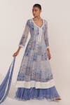Buy_Mustard Moon by Neyha and Vrinda_Blue Georgette Lace, Embroidery V-neck Cornflower Printed Kurta Set _at_Aza_Fashions