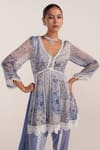 Mustard Moon by Neyha and Vrinda_Blue Georgette, Modal Sequins, Lace V-neck Cornflower Peplum Dhoti Set _Online_at_Aza_Fashions