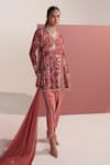 Mustard Moon by Neyha and Vrinda_Rose Gold Georgette, Modal Sequins, Pearls V-neck Azalea Dhoti Set _at_Aza_Fashions