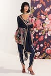 Buy_Mustard Moon by Neyha and Vrinda_Blue Georgette, Modal Sequins, Beads V-neck Floral Kurta Dhoti Set _at_Aza_Fashions