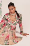 Mustard Moon by Neyha and Vrinda_Green Georgette, Modal Beads, Embroidery, Sequins V-neck Floral Kurta Set _Online_at_Aza_Fashions