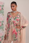 Buy_Mustard Moon by Neyha and Vrinda_Green Georgette, Modal Beads, Embroidery, Sequins V-neck Floral Kurta Set _Online_at_Aza_Fashions