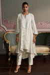 Shop_Mustard Moon by Neyha and Vrinda_Ivory Georgette, Silk Embroidery, Sequins Keyhole Neck Rhea Kurta Set _at_Aza_Fashions