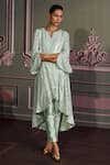 Mustard Moon by Neyha and Vrinda_Mint Georgette, Silk Sequins, Embroidery Round Neck Sage Kurta Set _Online_at_Aza_Fashions