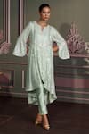 Buy_Mustard Moon by Neyha and Vrinda_Mint Georgette, Silk Sequins, Embroidery Round Neck Sage Kurta Set _Online_at_Aza_Fashions