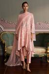 Buy_Mustard Moon by Neyha and Vrinda_Pink Georgette, Silk Sequins, Embroidery Split V-neck Rhea Rose Kurta Set _at_Aza_Fashions