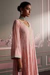 Mustard Moon by Neyha and Vrinda_Pink Georgette Embroidery, Sequins Split V-neck Tara Rose Kurta Set _Online_at_Aza_Fashions