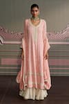 Buy_Mustard Moon by Neyha and Vrinda_Pink Georgette Embroidery, Sequins Split V-neck Tara Rose Kurta Set _Online_at_Aza_Fashions