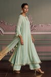 Shop_Mustard Moon by Neyha and Vrinda_Mint Georgette Embroidery, Tassels Keyhole Neck Sage Green Kurta Set _at_Aza_Fashions