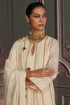 Buy_Mustard Moon by Neyha and Vrinda_Peach Georgette Sequins, Tassels Keyhole Neck Pariza Biscuit Kurta Set _Online_at_Aza_Fashions