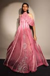 Megha Bansal_Pink Silk Organza Embroidery Open Neck Candy Kalidar Gown And Cape Set _Online_at_Aza_Fashions