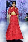 Megha Bansal_Red Tulle Embroidery Open Neck Surkh Camellia Lehenga Set _Online_at_Aza_Fashions