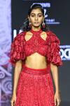 Shop_Megha Bansal_Red Tulle Embroidery Open Neck Surkh Camellia Lehenga Set _Online_at_Aza_Fashions