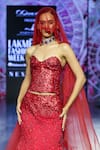 Megha Bansal_Red Satin, Viscose Zari, Embroidery Sweetheart Neck Vermilion Skirt And Corset Set _Online_at_Aza_Fashions