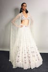Megha Bansal_Tulle Pearls, Sequins, Beads Plunge Neck Ecru Guldasta Moti Lehenga Set _Online_at_Aza_Fashions