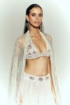 Buy_Megha Bansal_Tulle Pearls, Sequins, Beads Plunge Neck Ecru Guldasta Moti Lehenga Set _Online_at_Aza_Fashions