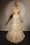 Shop_Megha Bansal_Gold Silk Organza Sequins, Embroidery Ecru Tuscan Bloom Petal Lehenga Set _Online_at_Aza_Fashions