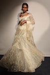 Buy_Megha Bansal_Gold Tulle, Viscose Embroidery Off-shoulder Ecru Lehenga Saree With Blouse _Online_at_Aza_Fashions