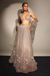 Shop_Megha Bansal_Rose Gold Tulle, Viscose Sequins, Embroidery V-neck Lehenga Set _Online_at_Aza_Fashions