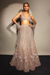 Buy_Megha Bansal_Rose Gold Tulle, Viscose Sequins, Embroidery V-neck Lehenga Set 