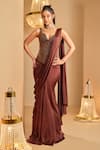 Buy_K&A By Karishma and Ashita_Brown Net, Satin Beads, Sequins Sweetheart Neck Pre-draped Saree And Corset Set _at_Aza_Fashions