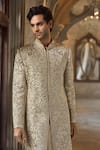Shop_Seema Gujral_Gold Silk Embroidery Antique Sherwani Set _at_Aza_Fashions