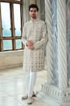 Buy_Seema Gujral_Brown Silk, Crepe Embroidery Designer Coffee Sherwani Set _at_Aza_Fashions