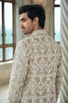 Shop_Seema Gujral_Brown Silk, Crepe Embroidery Designer Coffee Sherwani Set _at_Aza_Fashions