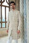 Buy_Seema Gujral_Brown Silk, Crepe Embroidery Designer Coffee Sherwani Set _Online_at_Aza_Fashions
