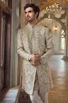 Shop_Seema Gujral_Beige Crepe, Silk Embroidery, Zari And Grey Designer Sherwani Set _at_Aza_Fashions