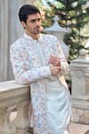 Shop_Seema Gujral_Multi Color Linen, Satin Embroidery Floral Sherwani Set _at_Aza_Fashions