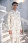 Shop_Seema Gujral_Ivory Silk, Crepe Embroidery Textured Sherwani Set _at_Aza_Fashions