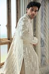 Shop_Seema Gujral_Beige Silk, Brocade Sequins, Mirrors Embellished Sherwani Set _at_Aza_Fashions