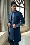 Shop_Seema Gujral_Blue Silk, Brocade Embroidery, Sequins Persian Sherwani And Pant Set _at_Aza_Fashions