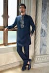 Buy_Seema Gujral_Blue Silk, Brocade Embroidery, Sequins Persian Sherwani And Pant Set _Online_at_Aza_Fashions