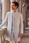 Shop_Seema Gujral_Blue Silk, Crepe Embroidery Powder Sherwani Set _at_Aza_Fashions