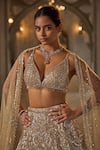 Seema Gujral_Gold Net Sequins, Beads V-neck Lehenga Set _Online_at_Aza_Fashions