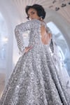 Buy_Seema Gujral_Silver Net Sequins, Cut Work, Embroidery V-neck Jacket Lehenga Set _Online_at_Aza_Fashions