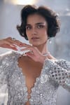 Shop_Seema Gujral_Silver Net Sequins, Cut Work, Embroidery V-neck Jacket Lehenga Set _Online_at_Aza_Fashions