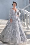 Buy_Seema Gujral_Silver Net Sequins, Cut Work, Embroidery V-neck Jacket Lehenga Set _at_Aza_Fashions