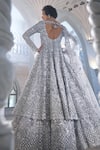 Seema Gujral_Silver Net Sequins, Cut Work, Embroidery V-neck Jacket Lehenga Set _Online_at_Aza_Fashions