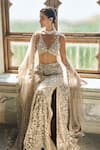 Shop_Seema Gujral_Gray Organza Pearls, Sequins, Beads, Embroidery V-neck Ash Grey Lehenga Set 