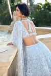 Seema Gujral_Blue Net Embroidery, Applique V-neck Three-dimensional Lehenga Set _Online_at_Aza_Fashions