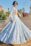 Seema Gujral_Blue Net Embroidery, Applique V-neck Three-dimensional Lehenga Set _Online