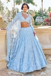Buy_Seema Gujral_Blue Net Embroidery, Applique V-neck Three-dimensional Lehenga Set _at_Aza_Fashions