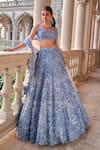 Shop_Seema Gujral_Blue Net Embroidery, Cut Work Square Neck Lehenga Set _Online_at_Aza_Fashions