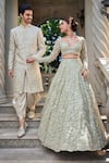Shop_Seema Gujral_Green Net Sequins, Embroidery Sweetheart Three-dimensional Sage Lehenga Set _Online_at_Aza_Fashions
